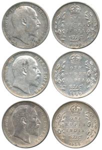 Edward VII, Silver Rupee (3), 1903, Bombay Mint (2), 1906 Calcutta Mint. Very Fine to Very