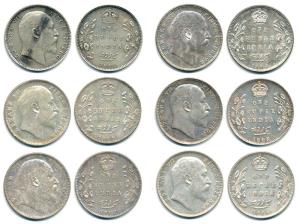 Edward VII, Silver Rupee (6), 1903, 1904, 1905, 1906, 1907 and 1909 all Bombay Mint. Very 
