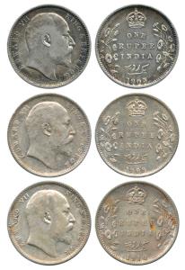 Edward VII, Silver Rupee (3), 1903, 1908 and 1910 all Calcutta Mint. Very Fine+. (3)