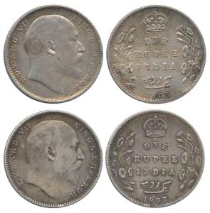 Edward VII, Silver Rupee (2), 1905 and 1907, Bombay Mint, both 'B' incuse + dot. Very Fine