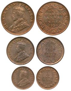 George V, Copper (3), ¼ Anna, ½ Pice and 1/12 Anna, 1936, 1933 and 1936. About Uncirculate