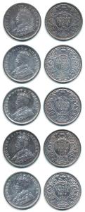 George V, Silver 2 Annas (5), 1912, Bombay Mint, 1913, Bombay Mint (2), 1914, Bombay Mint,