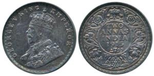 George V, Silver 2 Annas, 1915, Bombay Mint, with dot. Uncirculated, Scarce.