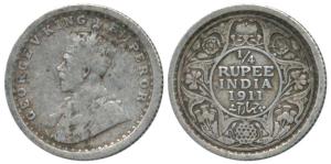 George V, Silver ¼ Rupee, 1911, Calcutta Mint. Fine+, Rare,.