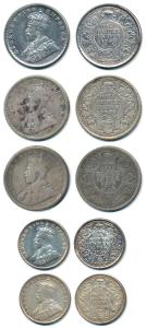 George V, Silver (5), ½ Rupee and ¼ Rupee, 1913, Bombay Mint, 1923, Calcutta Mint, 1936, C