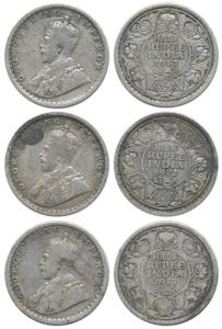 George V, Silver ½ Rupee (3), 1912, Bombay Mint, with dot. Rare, Fine+ to About Very Fine.