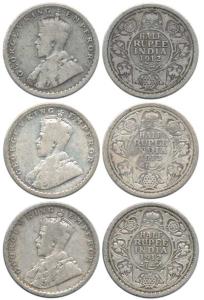 George V, Silver ½ Rupee (3), 1912, Calcutta Mint, No mm. Fine, Scarce. (3)