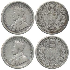 George V, Silver ½ Rupee (2), 1914, Bombay Mint, with dot. Very Rare, Fine. (2)