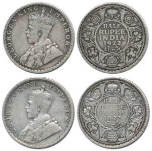 George V, Silver ½ Rupee (2), 1922, Calcutta Mint, 1922, Bombay Mint. Fine to About Very F