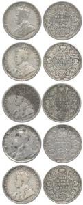 George V, Silver ½ Rupee (5), 1923, Calcutta Mint, 1924, Bombay Mint (4). Fine to Fine+. (