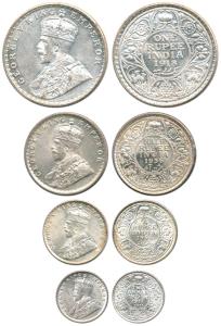 George V, Silver (4), Rupee, ½ Rupee, ¼ Rupee and 2 Annas, 1918, 1936, 1936 and 1917. Abou
