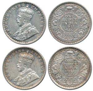 George V, Silver Rupee (2), 1911, Bombay Mint, with dot, Pig Rupee. Very Fine to Very Fine