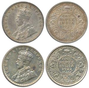 George V, Silver Rupee (2), 1921, 1922 Bombay Mint, with dot. Very Fine+. Scarce. (2)