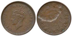 George VI, Copper 1/12 Anna, 1941, Bombay Mint, Error, struck on a damaged Planchet. Very 