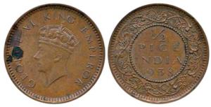 George VI, Copper ½ Pice, 1938, Calcutta Mint, Extremely Rare, About Extremely Fine.