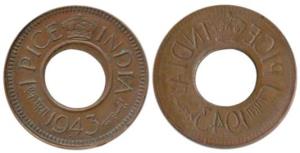 George VI, Copper, 1 Pice, 1943, Bombay Mint, Lakhi (Brokage), complete impression on othe