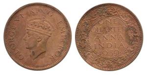 George VI, Copper ¼ Anna, 1939, Calcutta Mint, obv. Second head. Very Rare, Very Fine.