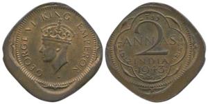 George VI, Nickel-Brass, 2 Annas, 1943, Bombay Mint, Error, die shifting on both Sides. Ve