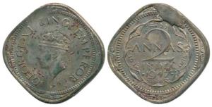 George VI, Cupro-Nickel, 2 Annas, 1947, Bombay Mint, Error, rev. struck with extra metal a