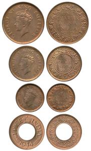 George VI, Copper (4), ¼ Anna, ½ Pice, 1/12 Anna, 1 Pice, 1939 and 1944, Uncirculated, Sca