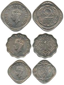 George VI, Cupro-Nickel (3), 2 Annas, 1 Anna and ½ Anna, 1947. Uncirculated. (3)