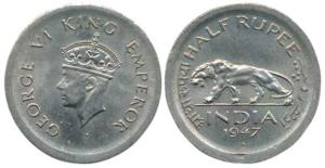 George VI, Nickel, ½ Rupee, 1947, Bombay Mint, Plain Edge. Extremely Fine, Rare.