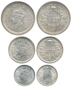 George VI, Half Silver (3), Rupee, ½ Rupee and ¼ Rupee, 1944, 1942 and 1940. Extremely Fin