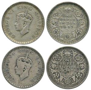 George VI, Half Silver Rupee (2), 1943, Bombay Mint, obv. large head, rev. small '3'. Abou