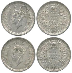 George VI, Half Silver Rupee (2), 1945, Lahore Mint, raised 'L' below the bottom flower. V