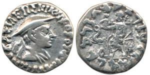 Indo-Greeks, Antimachous Nikephorus, Silver, Drachm, helmed bust of the ruler to right and