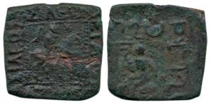 Indo-Scythians, Azes, Copper, 8.14 g, horseman to right on obv., a deity seated to left an