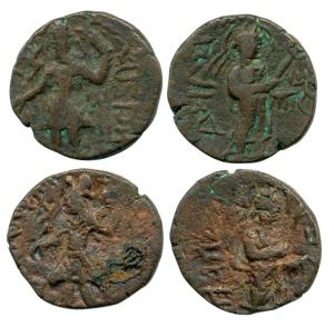 Kushanas, Kanishka, Copper ¼ Drachm, 4.25 g, Goddess Nanashao on rev., (Mitch. 3136). Fine