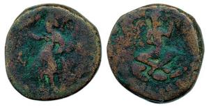 Kushanas, Huviska and Vasu Deva I, Copper Unit, obv. King seated cross-legged, rev. God Ph
