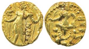 Guptas, Chandragupta II, Gold Dinar, Archer type, king holding bow and arrow with Garuda s