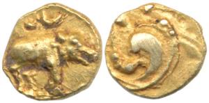 Chalukyas of Kalyana. Uncertain ruler, (c. 973-1068), Gold Fanam Varaha (Boar) type, capar