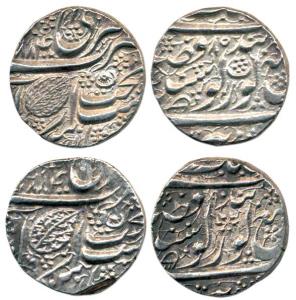 Amritsar Mint, Silver Rupee (2), Gobindshahi couplet, VS 1884, year 85 and 90. Very Fine+.