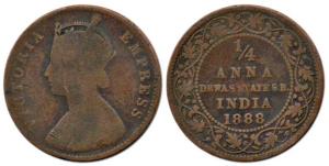 Copper ¼ Anna, with the name and portrait of Victoria, 1888, (KM 12). Fine, Scarce.