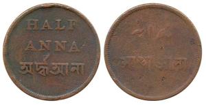 Copper ½ Anna or Nim Anna, 1831-35 issue, New Calcutta Mint, Fine+, Scarce.