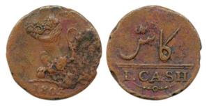 Copper 1 Cash, 1803, Lion holding crown to left on obv., Value in English and Persian on r