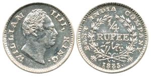 William IV, Silver ¼ Rupee, 1835 Calcutta Mint, F raised on truncation, rev. 18 Berries. V