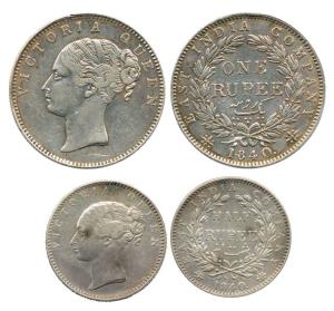 Queen Victoria, Silver Rupee and ½ Rupee, 1840, continuous legend. Very Fine and About Ver