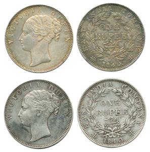 Victoria Queen, Silver Rupee (2), 1840, continuous legend, Calcutta Mint, obv. English Hea
