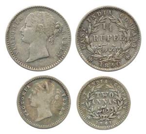 Queen Victoria, Silver ¼ Rupee and 2 Annas, divided legend, 1840 and 1841. About Very Fine