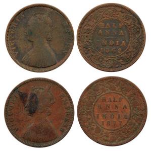 Victoria Queen and Empress, Copper ½ Anna, 1862 and 1877. Fine and Fine+.