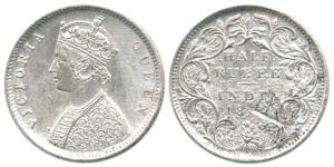 Victoria Queen, Silver ½ Rupee,1862. A harsh gash on rev., Fine+.
