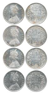 Victoria Queen / Empress, Silver Rupee (4), 1875 Bombay Mint, 1876 Bombay Mint, 1877 Bomba