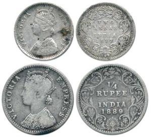 Victoria Empress, Silver (2) ¼ Rupee, 1889, B incused; 2 Annas, 1877. Fine+.