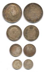 Edward VII, set of 4, Silver Rupee, ½ Rupee, ¼ Rupee and 2 Annas different dates. Very Fin