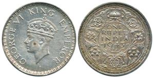 George VI, Silver Rupee, 1943, Large head, Bombay Mint. Very Fine+, Scarce.