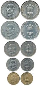 Silver Rupees 10 (2), Nickel Rupee, 50 and 20 Paise, 1969, Gandhiji Birth Centennial. Extr
